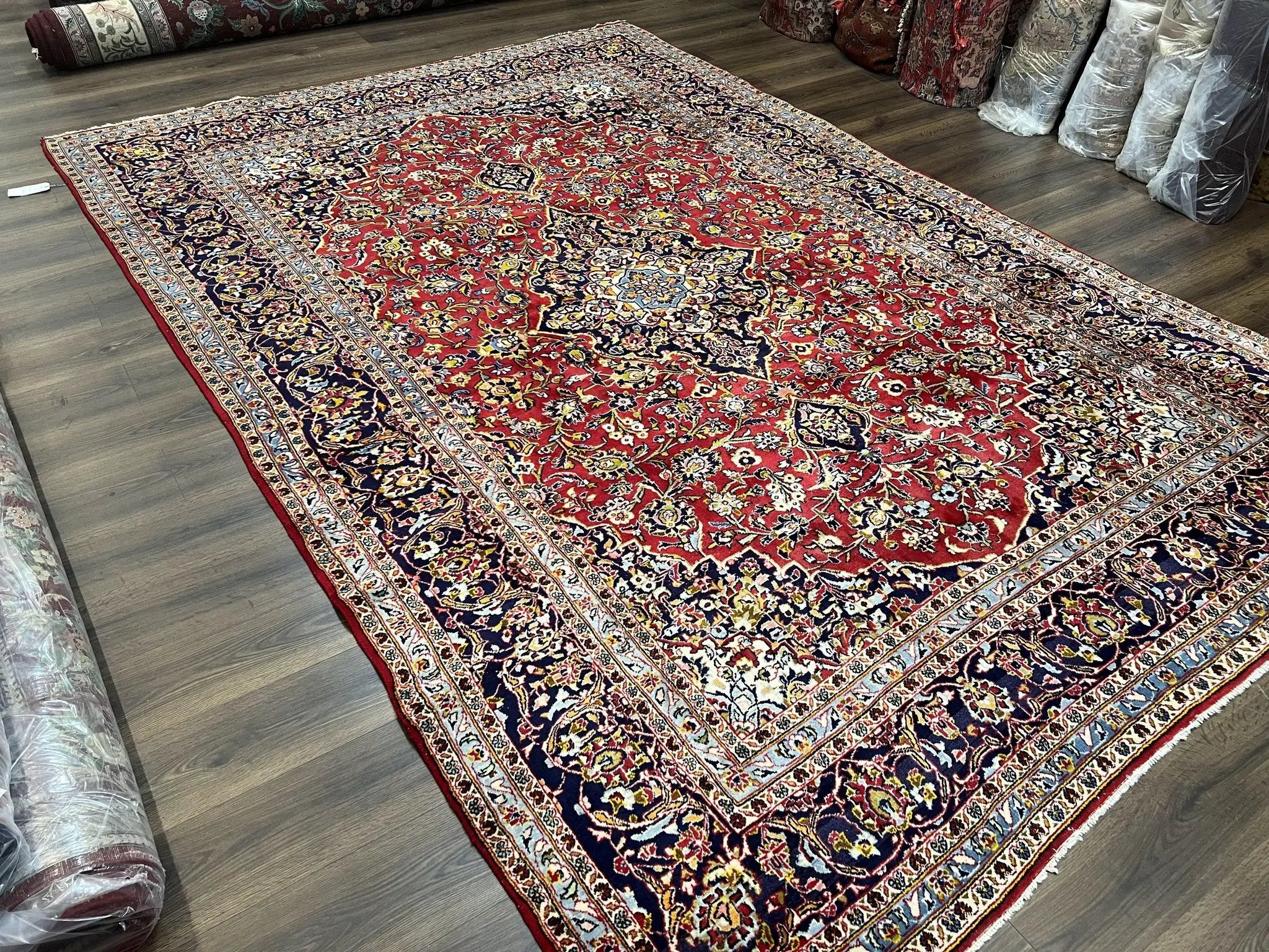Persian Kashan Rug 9x12, Red Navy Blue, Allover Floral Medallion & Corner Design, Handmade Wool Oriental Carpet, Semi Antique Traditional Carpet by Jewel Rugs