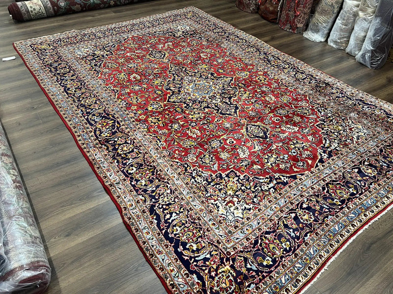 Persian Kashan Rug 9x12, Red Navy Blue, Allover Floral Medallion & Corner Design, Handmade Wool Oriental Carpet, Semi Antique Traditional Carpet by Jewel Rugs