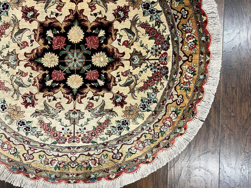 Silk Persian Tabriz Round Rug 3x3 ft, Very Fine Hand Knotted Carpet 380 KPSI, Cream & Gold, Bird Pictorials, Floral, Rare by Jewel Rugs