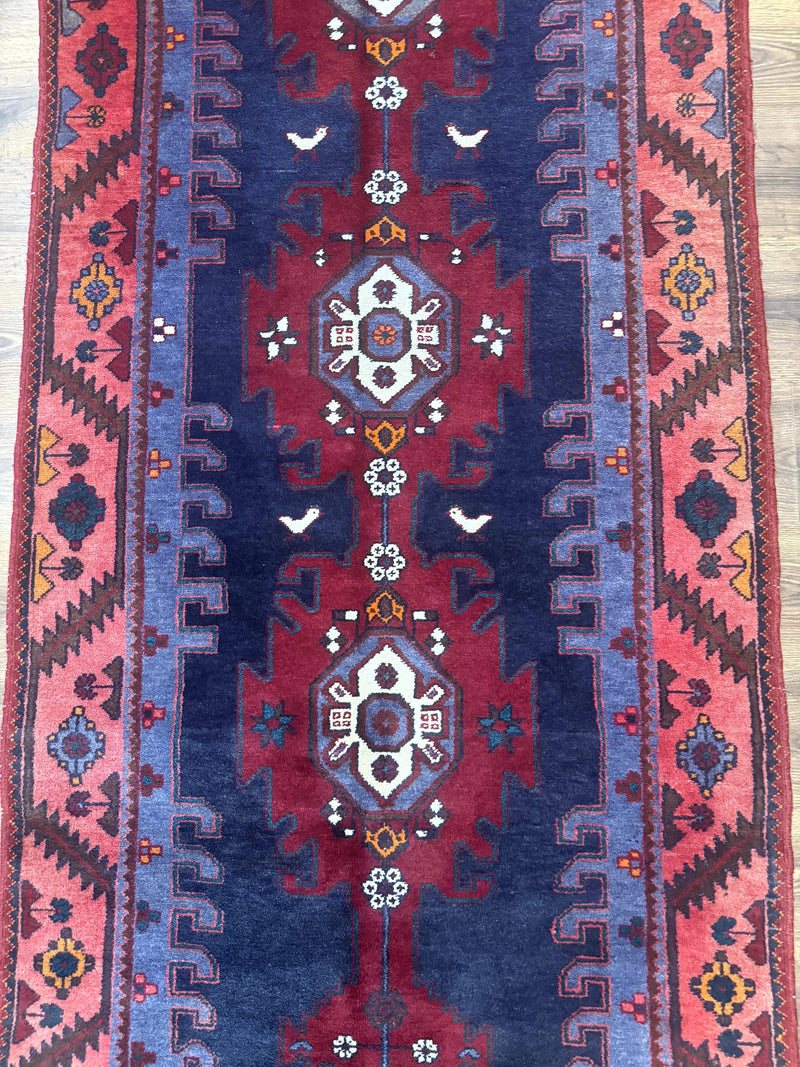 Persian Karajeh Runner Rug 3.6 x 9.5, Geometric Medallions, Tribal Village Rug, Navy Blue, Handmade by Jewel Rugs