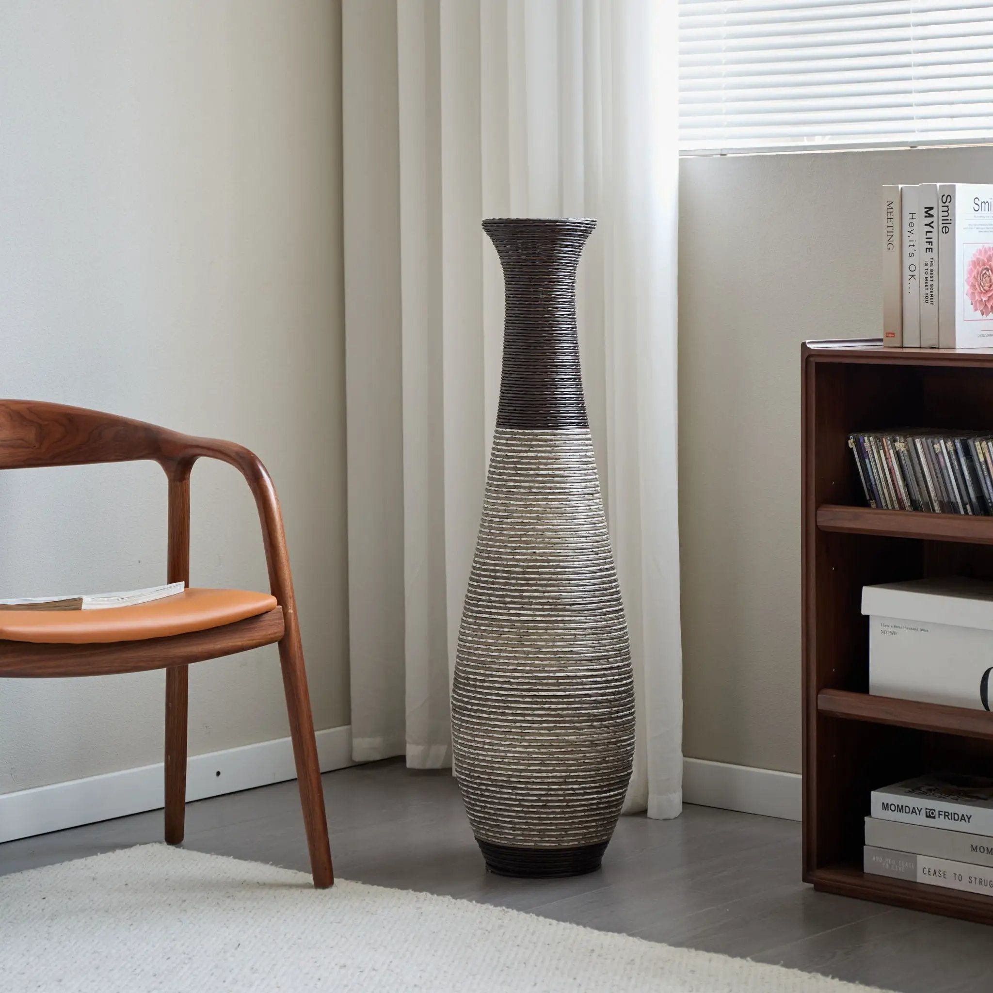 Tall Standing Designer Floor Vase Durable Artificial Rattan Elegant 2 Tone Finish Ideal Decor Accent For Living Room, Bedroom, Entryway Stylish Home Decor Statement Piece - Black / Gray by HouseOfZazla