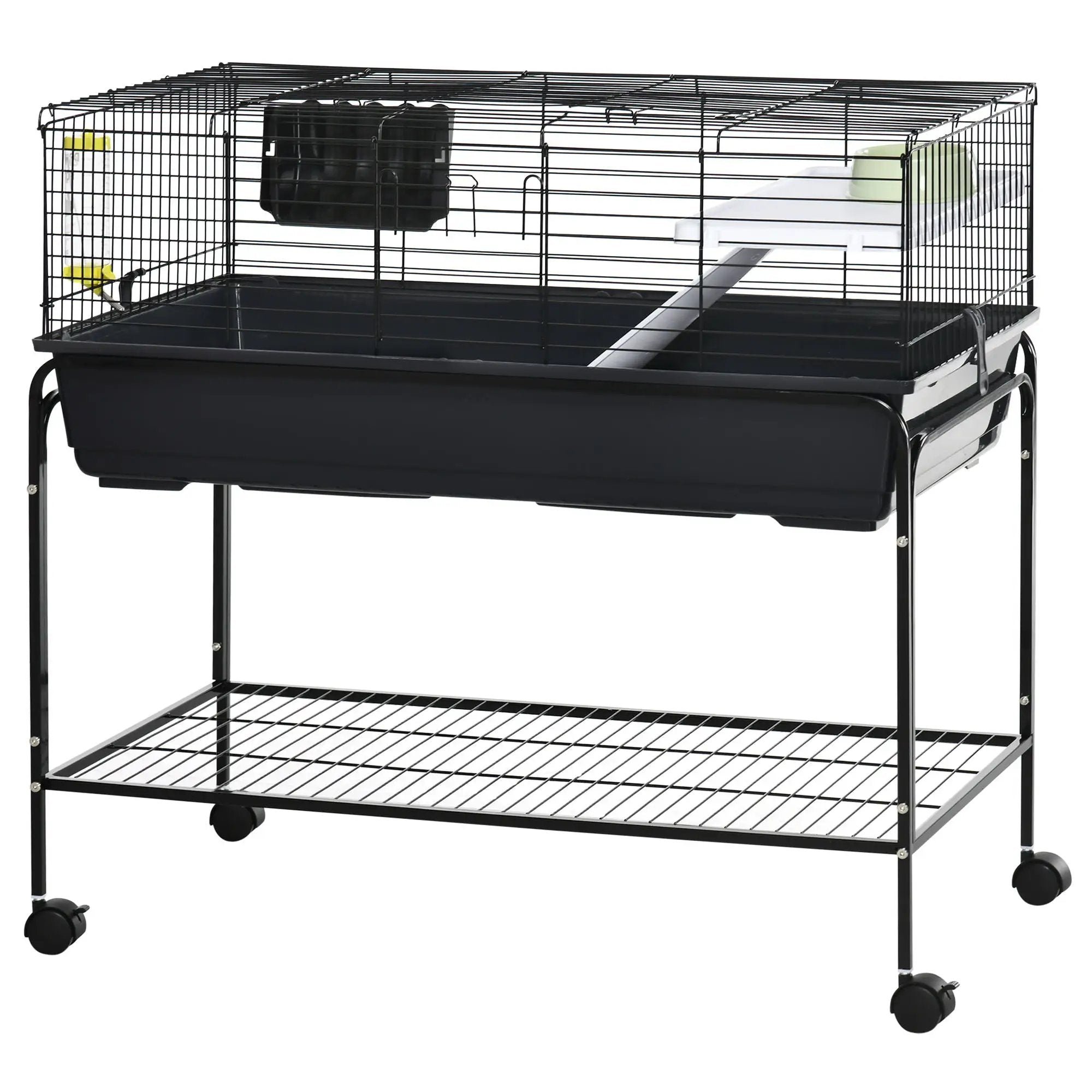 Pawhut - Two-Story Small Animal Cage Removable From Stand, Guinea Pig Cage, Hedgehog Cage, Chinchilla Cage, Ferret, With Shelf & Wheels, Pet Habitat - Black by HouseOfZazla