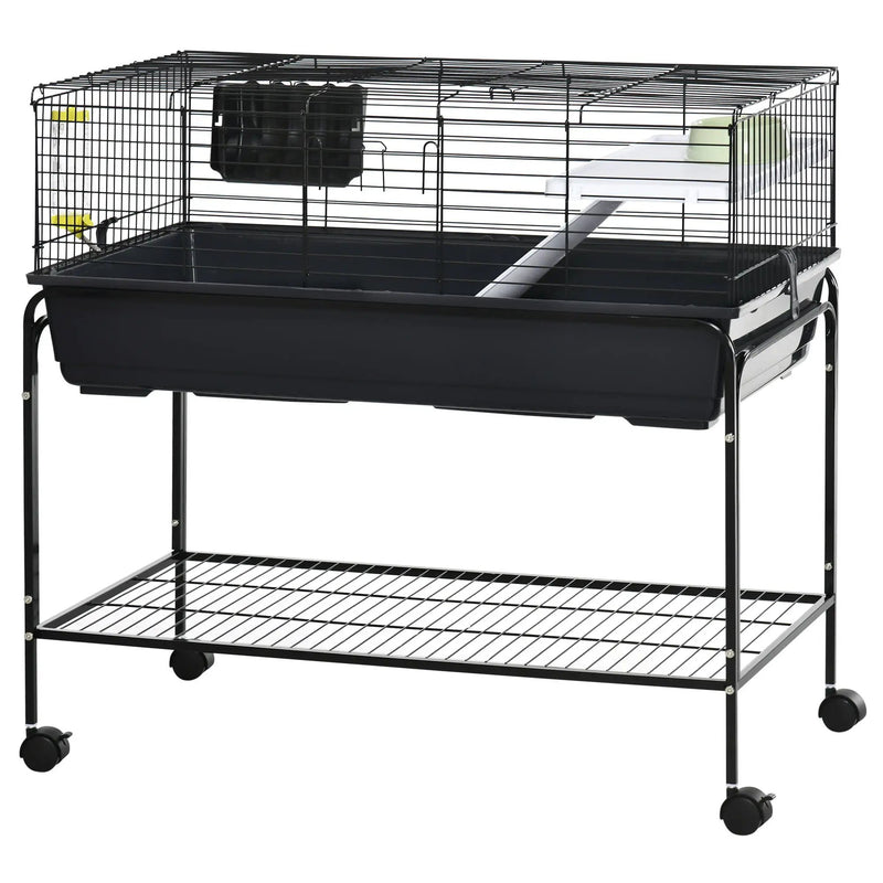 Pawhut - Two-Story Small Animal Cage Removable From Stand, Guinea Pig Cage, Hedgehog Cage, Chinchilla Cage, Ferret, With Shelf & Wheels, Pet Habitat - Black by HouseOfZazla