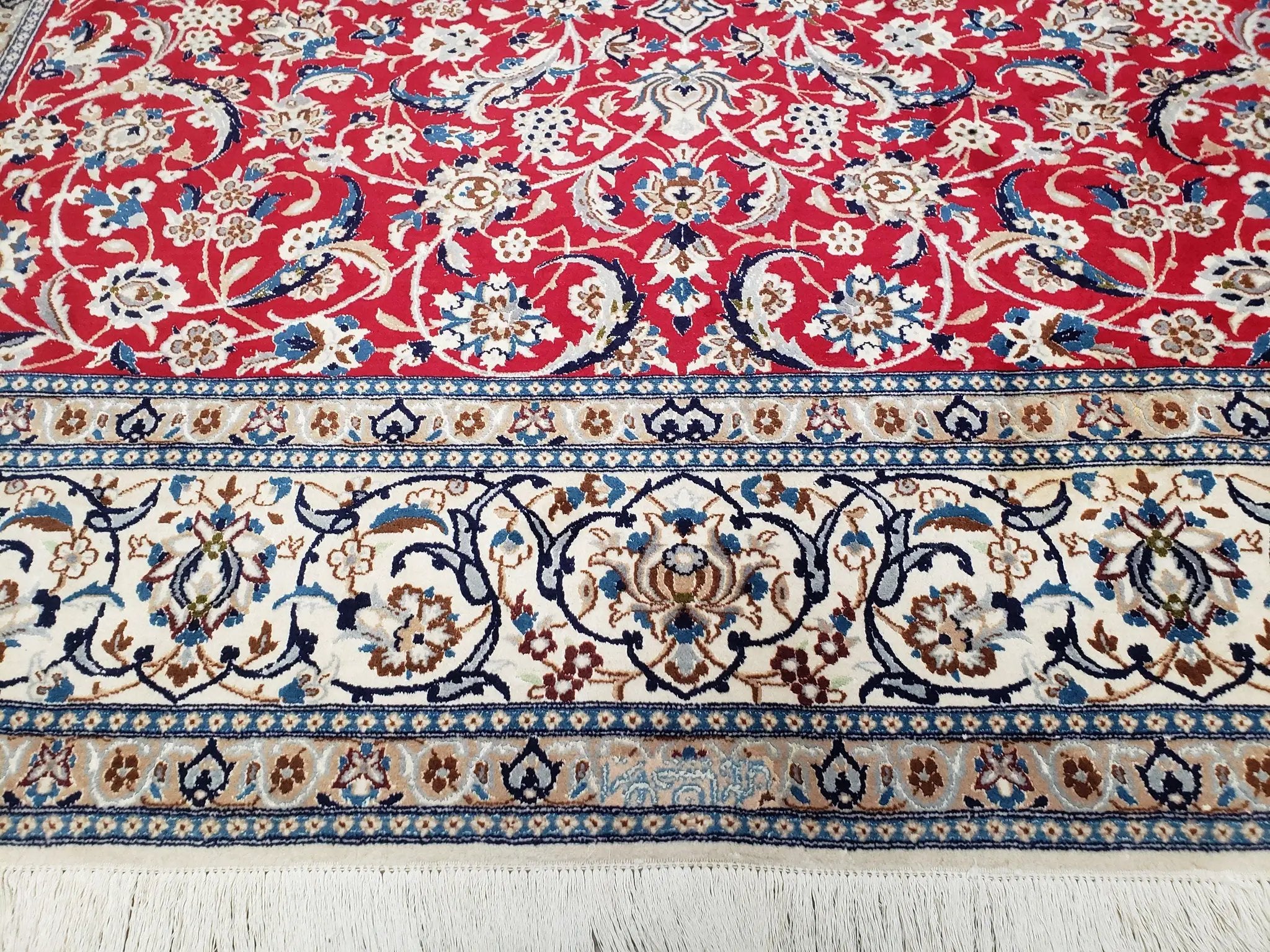 Persian Nain Rug 8x12, Red and Ivory, Signed by Jewel Rugs