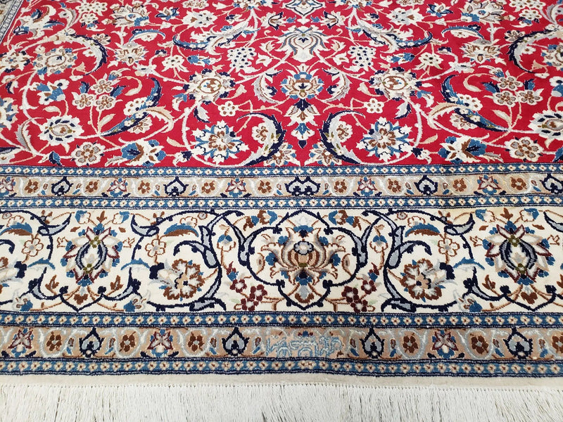 Persian Nain Rug 8x12, Red and Ivory, Signed by Jewel Rugs