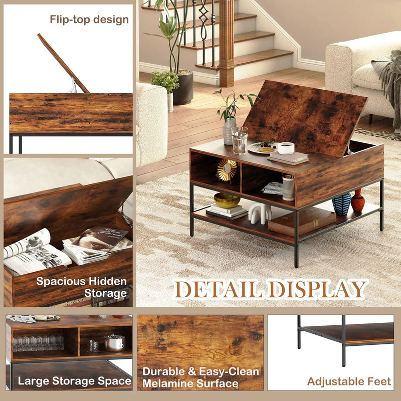 Rustic Flip Top Coffee Table With Hidden Storage - Black / Brown by HouseOfZazla