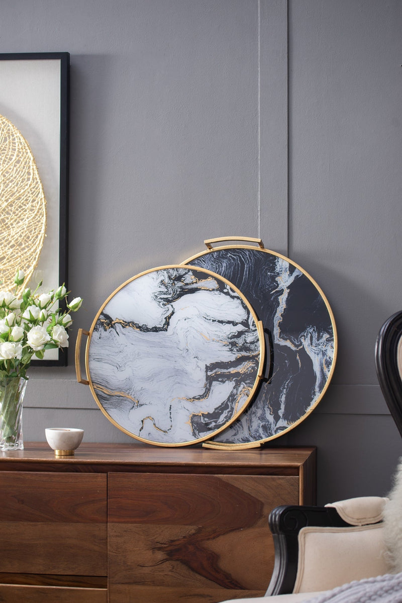 S/2 Round Decorative Tray with Abstract Marbled Design by HouseOfZazla