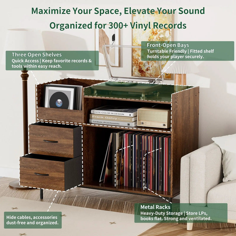 Grain Record Player Stand, Media Console With Speaker Shelf & 2 Drawers by HouseOfZazla