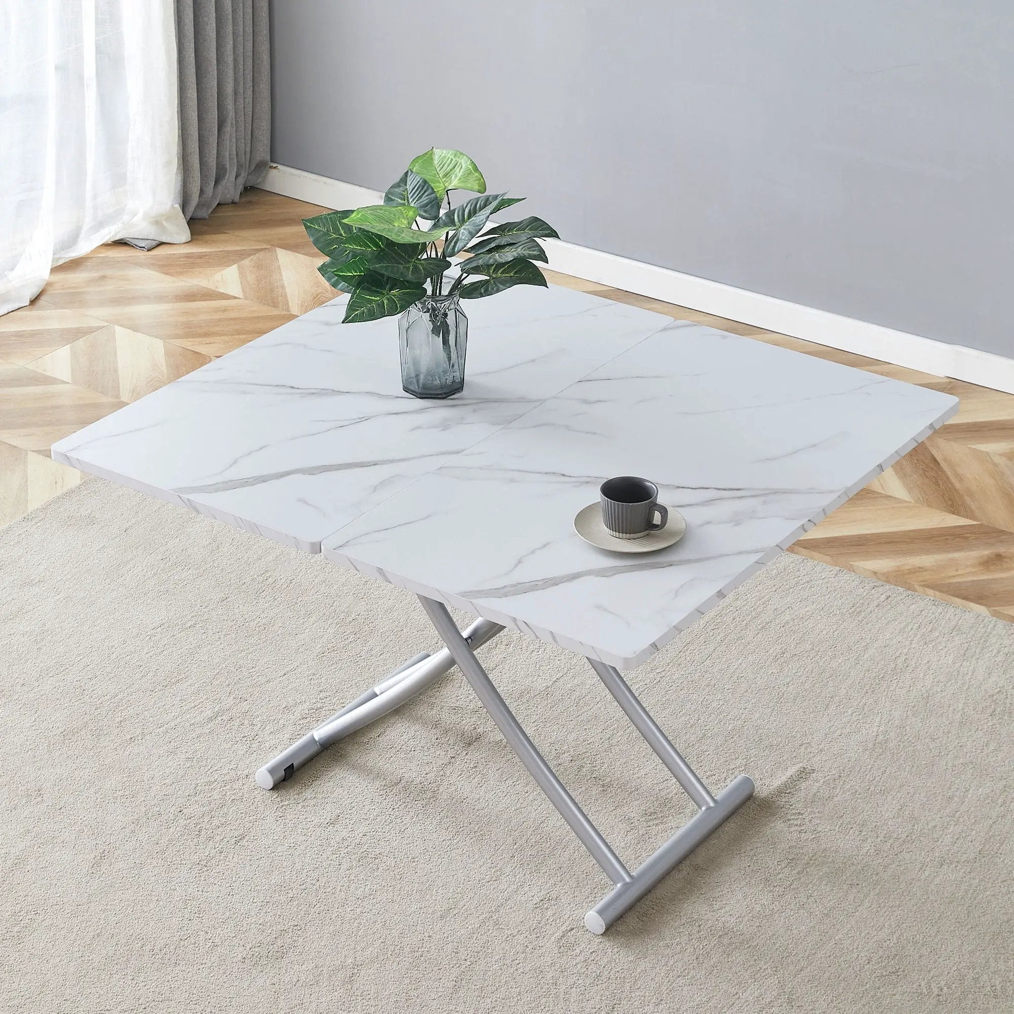Modern Minimalist Multifunctional Lift Table With Metal Legs - White / Silver by Unique Piece Furniture