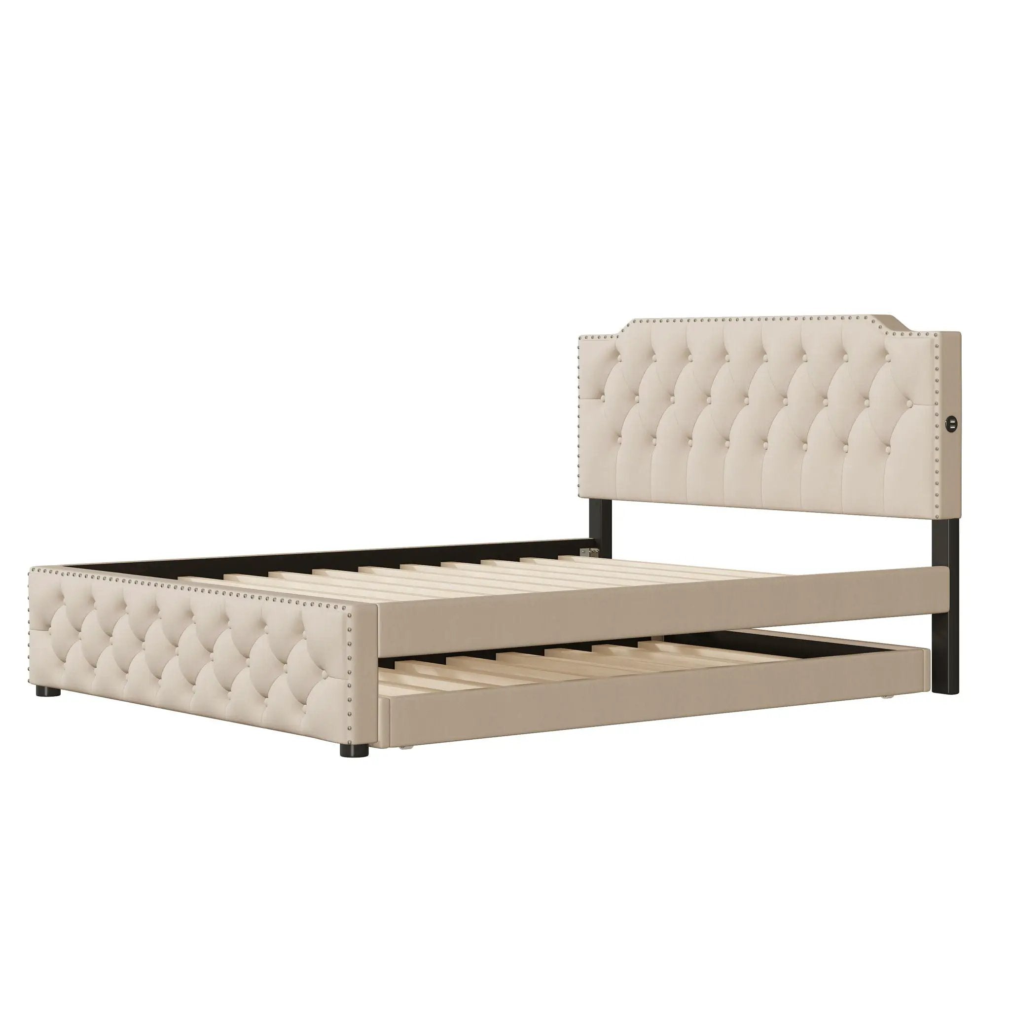 Upholstered Platform Bed With Trundle And 2 Sets Of USB Ports On Each Side, Fabric by HouseOfZazla
