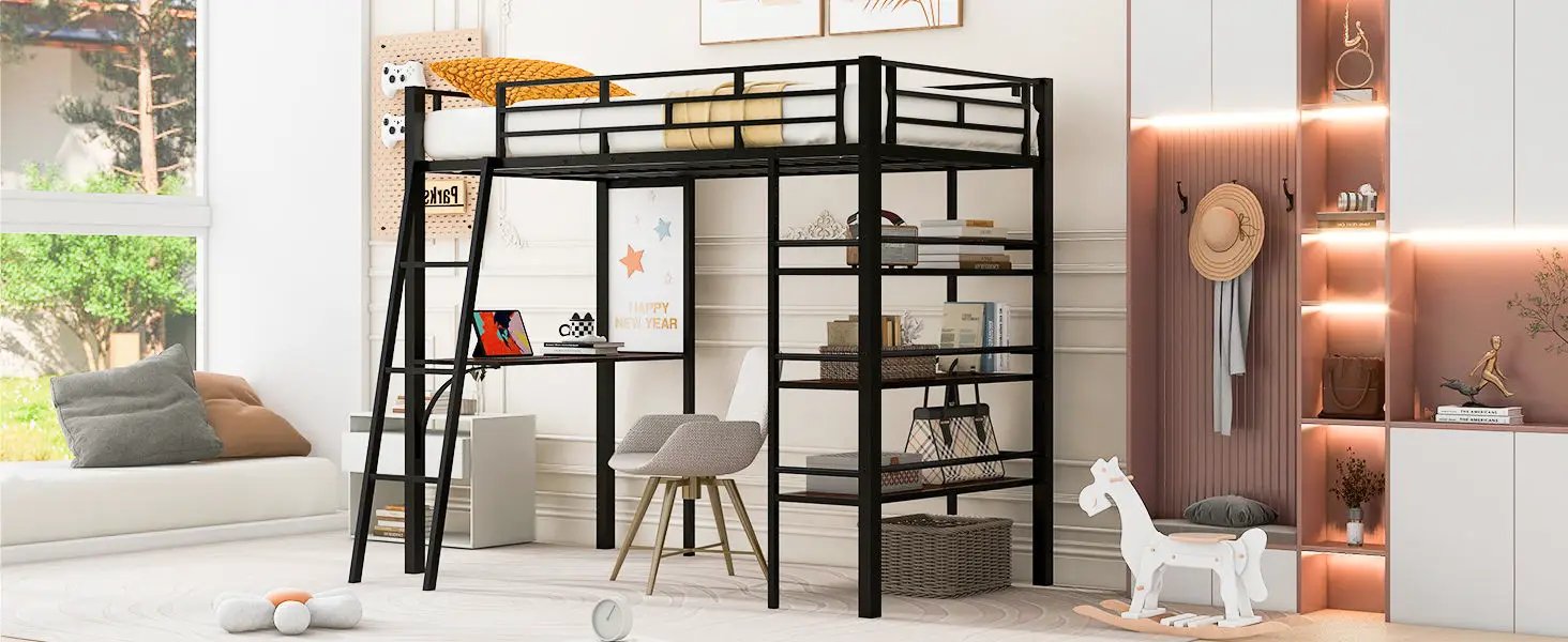 Loft Metal Bed With 3 Layers Of Shelves And Desk, Stylish Metal Frame Bed With board by HouseOfZazla