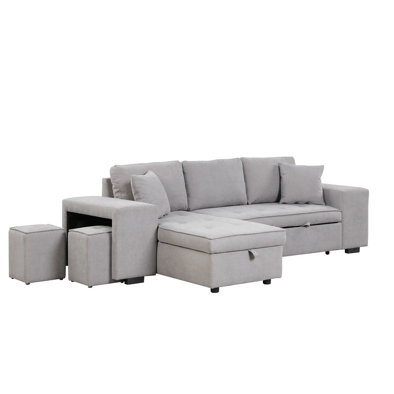 Modern L-Shape 3 Seat Reversible Sectional Couch, Pull Out Sleeper Sofa With Storage Chaise And 2 Stools For Living Room Furniture Set by HouseOfZazla