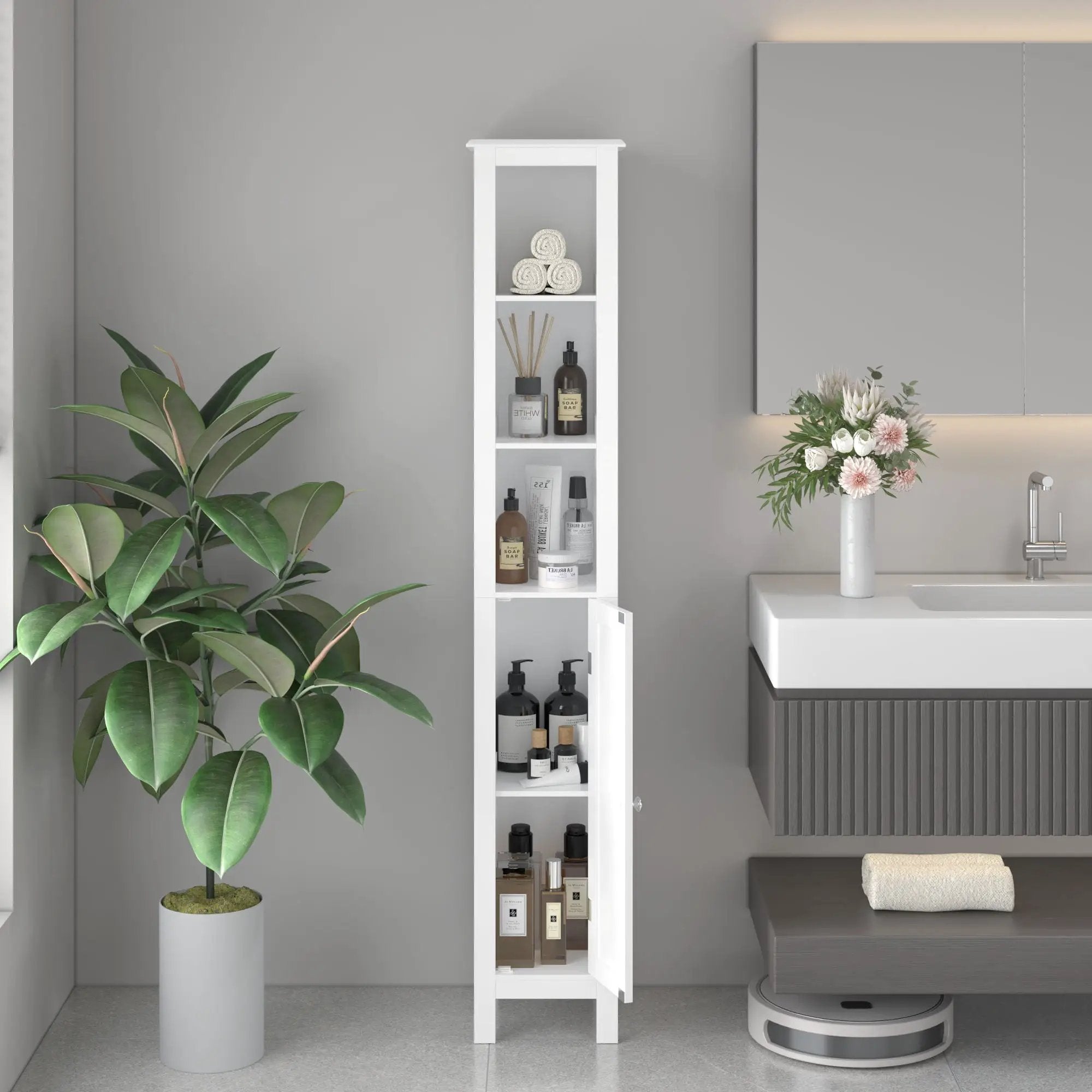 Slim Tall Bathroom Storage Cabinet With Adjustable Shelves, Anti Tip Freestanding Cabinet - White by Unique Piece Furniture