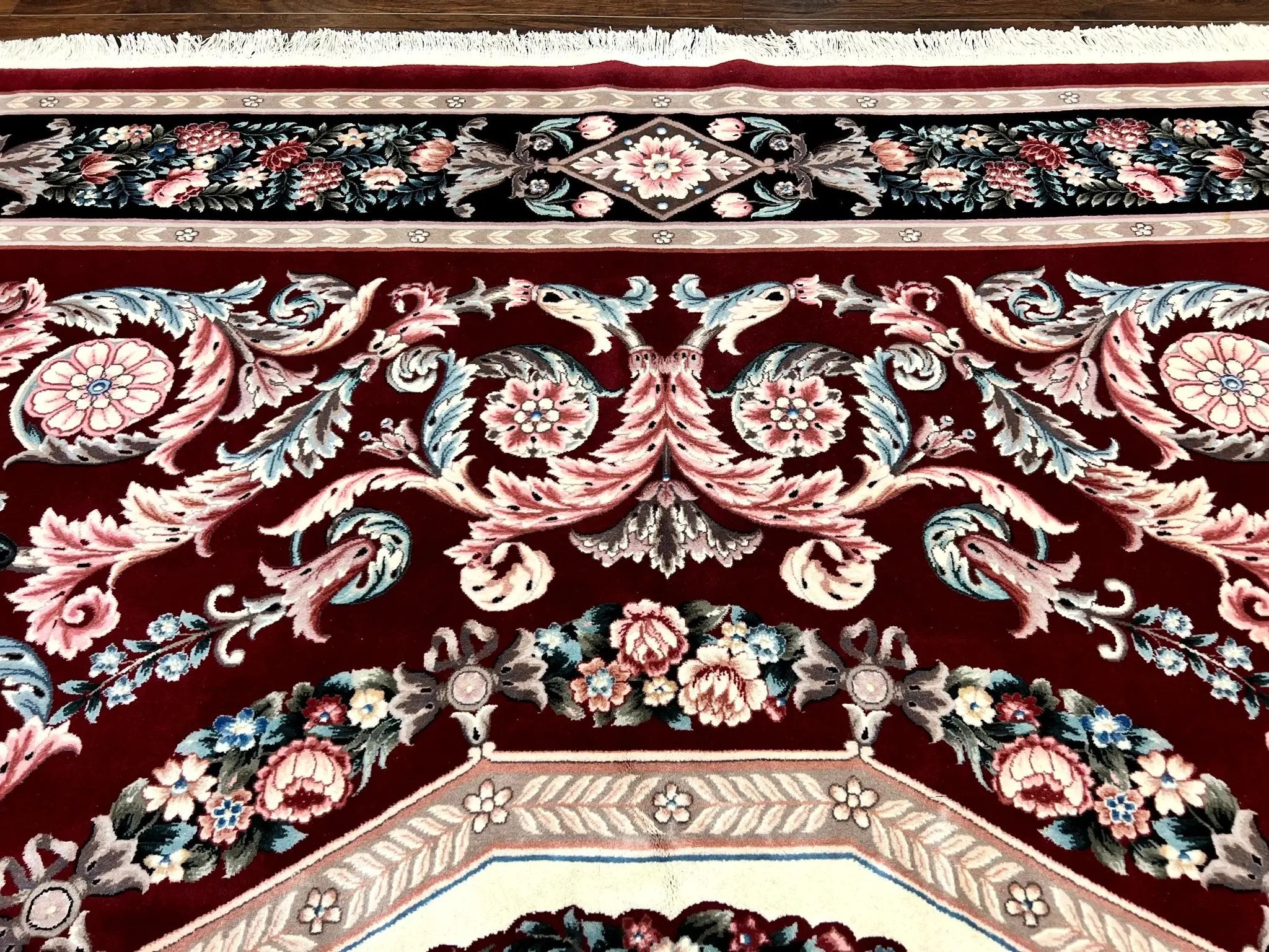 Chinese Aubusson Rug 9x12, Burgundy, Handmade Vintage Wool Carpet, Fine 210 KPSI, Elegant European Design by Jewel Rugs