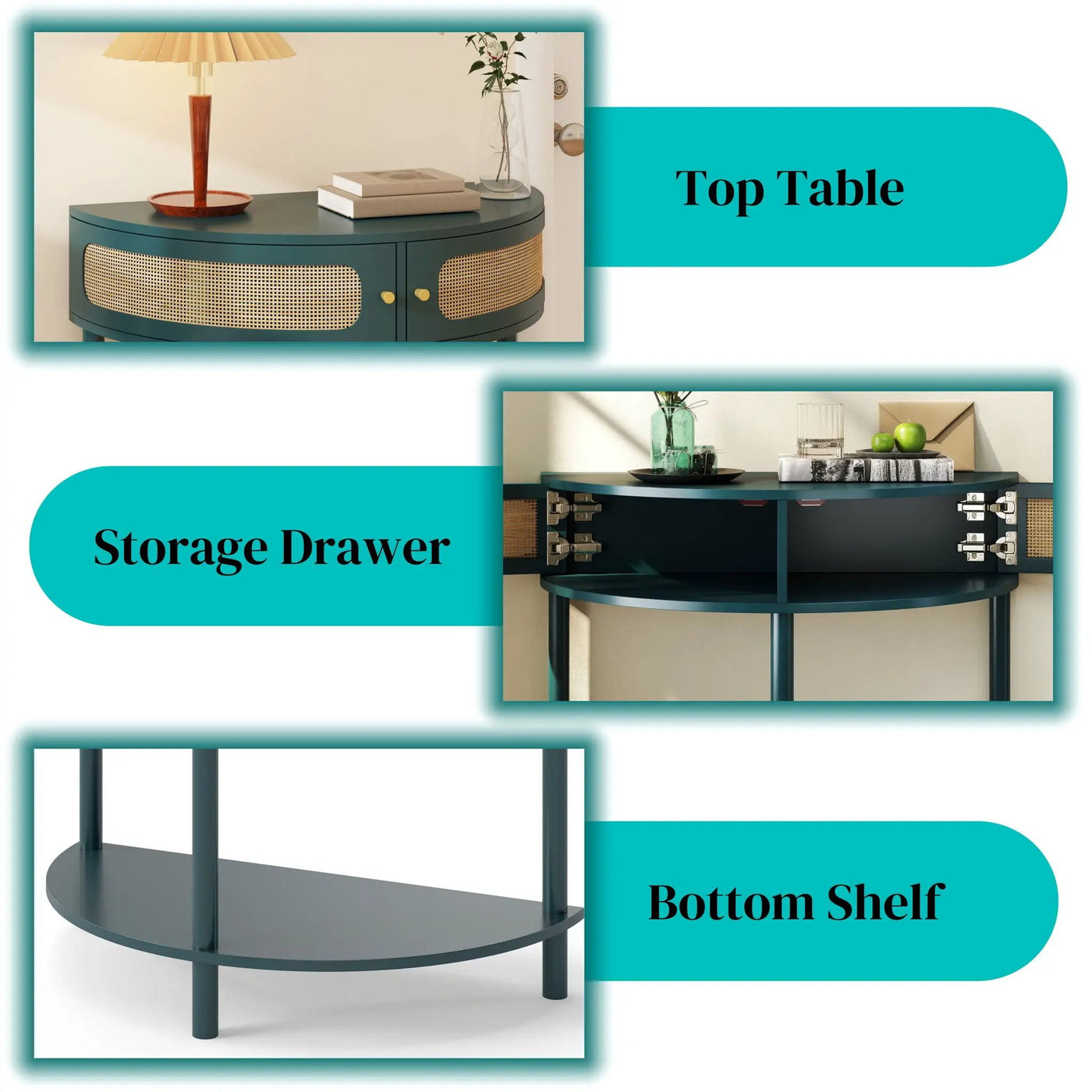 Boho Rattan Semi Circle End Table With Sliding Rattan Door, Storage And Bottom Shelf by Unique Piece Furniture