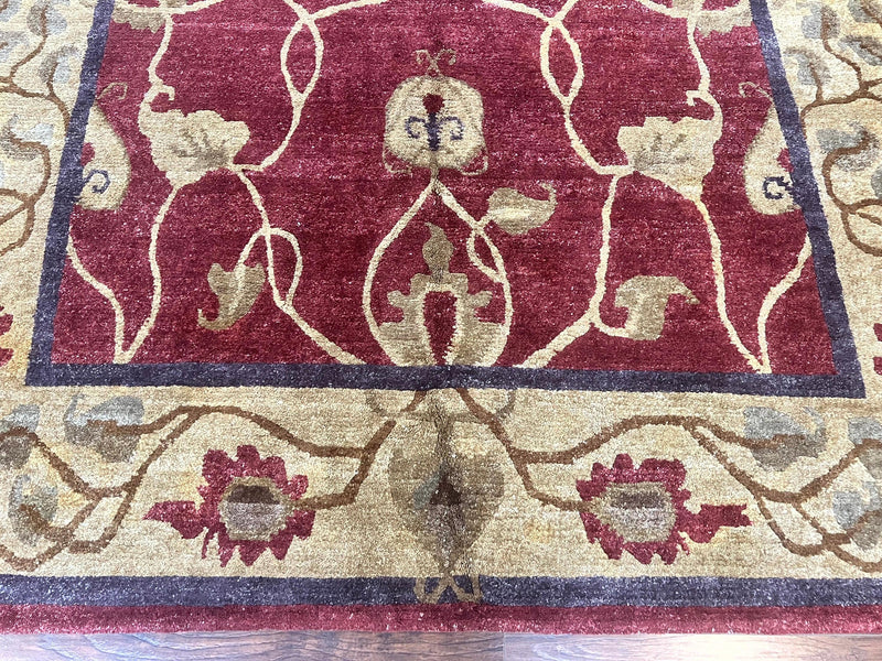 Tibetan Aubusson Rug 8x10, Maroon and Beige, Floral, Handmade, Wool, Vintage, Traditional Rug by Jewel Rugs