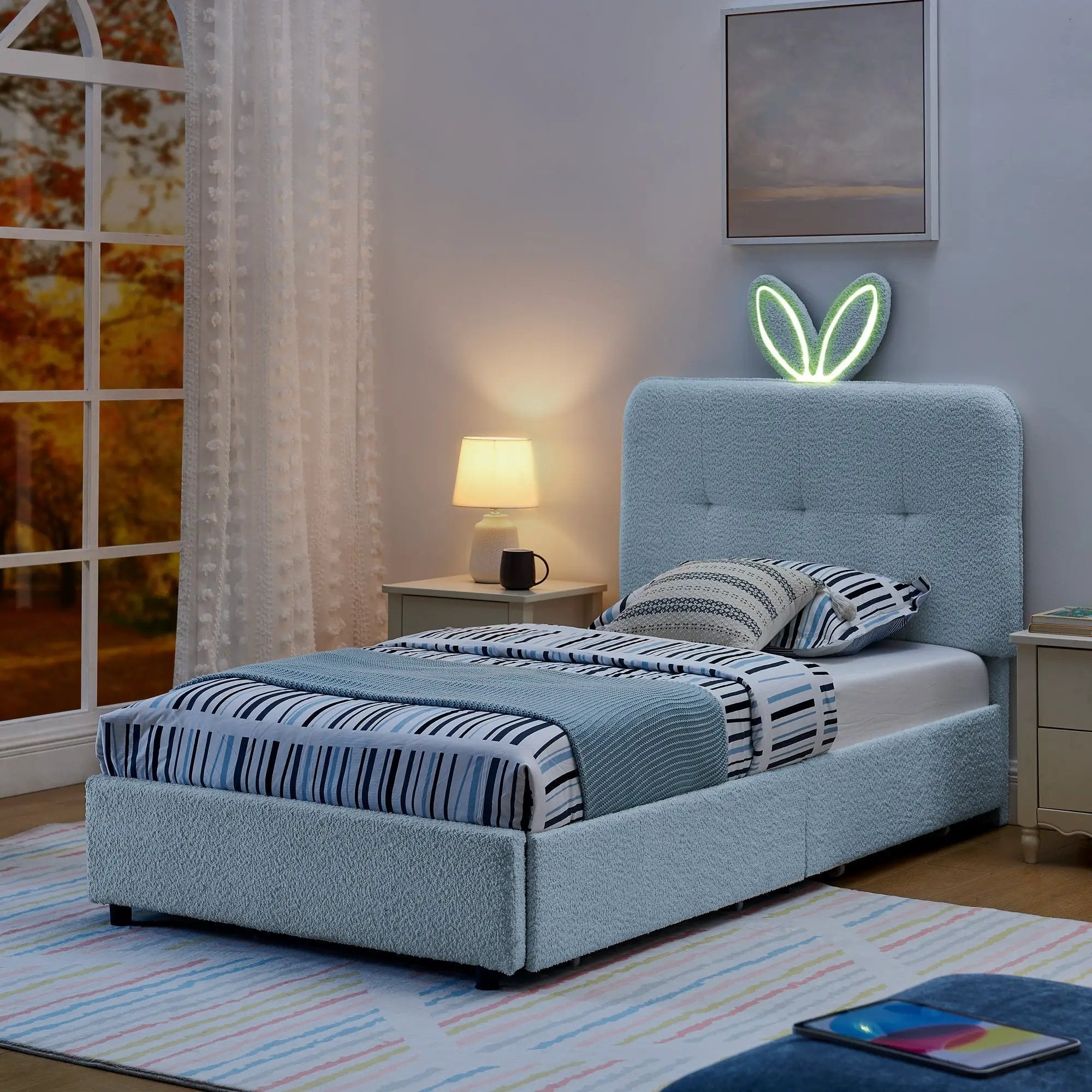 Twin Size Kids Upholstered Bed with Oversized Rabbit Ear Headboard by HouseOfZazla