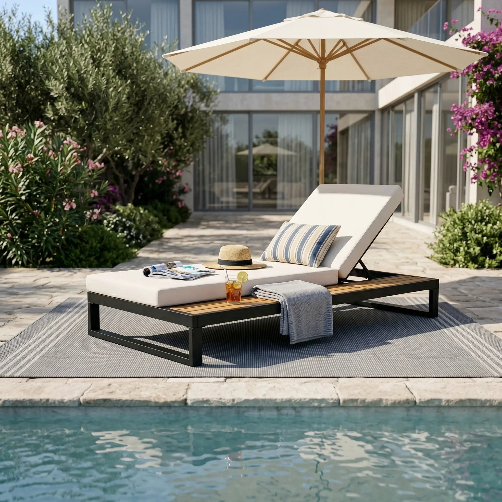 Black Iron & Teak Finish Chaise Lounge Set: 1 Frame + 1 2-Fold by HouseOfZazla
