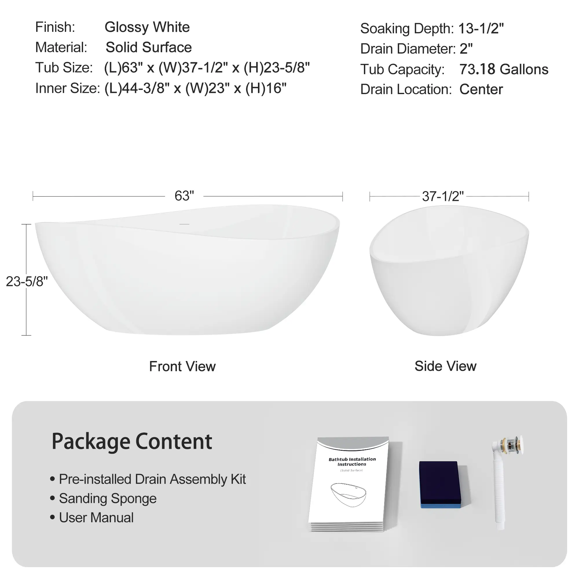 63" Freestanding Solid Surface Bathtub by HouseOfZazla