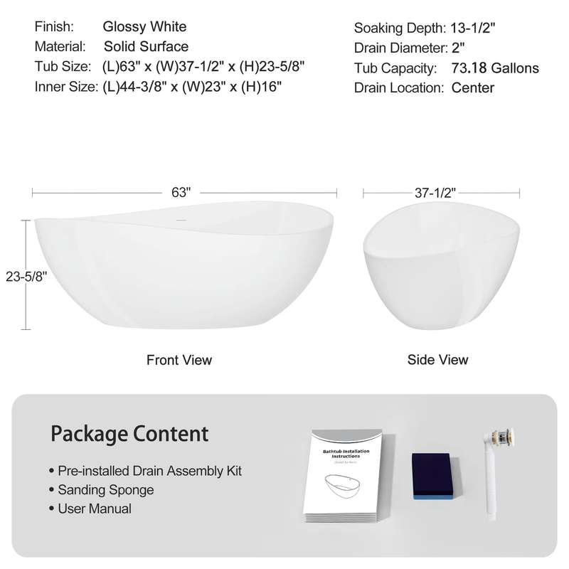 63" Freestanding Solid Surface Bathtub by HouseOfZazla