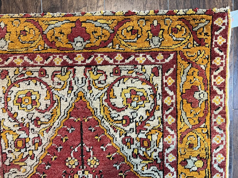 Antique Turkish Prayer Rug 3x5, Hand Knotted Turkish Melas Oushak Wool Carpet, Mehrab Rug, Orange & Red Vintage Rug 3 x 5 Collectible by Jewel Rugs
