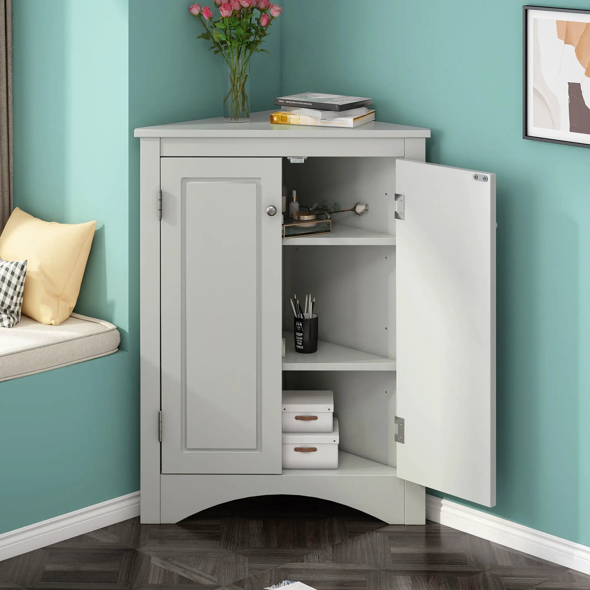 Triangle Bathroom Storage Cabinet With Adjustable Shelves, Freestanding Floor Cabinet For Home Kitchen by Unique Piece Furniture