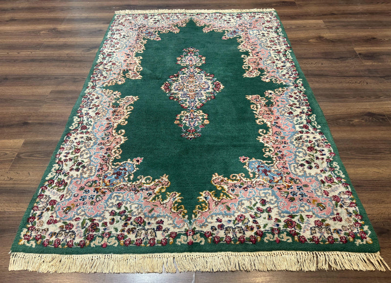 Persian Kerman Rug 4x6, Green Ivory Pink, Wool Vintage, Semi Open Field by Jewel Rugs