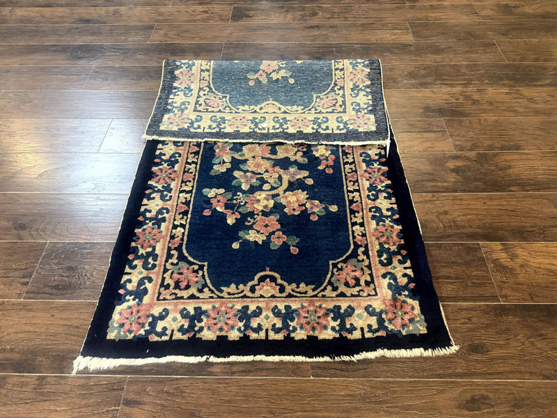 Blue and Beige Chinese Wool Rug 3x6, Chinese Fete Rug, Peking Rug, Antique Chinese Carpet by Jewel Rugs