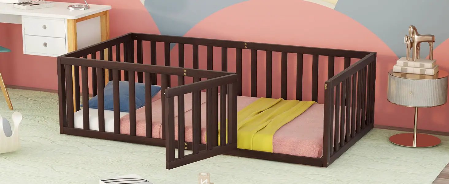 Twin Size Floor Bed Frame With Fence And Door - Walnut by Unique Piece Furniture