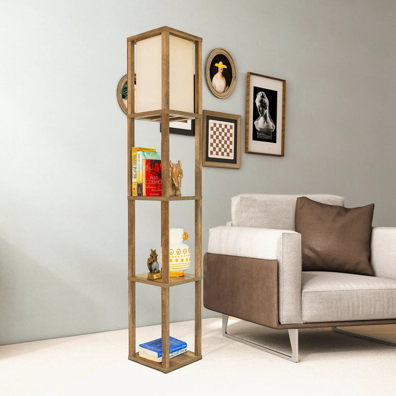 Pinnacle - Shelf Floor Lamp For Bedroom / Living Room, Long Shade - Natural Wood / White by Unique Piece Furniture