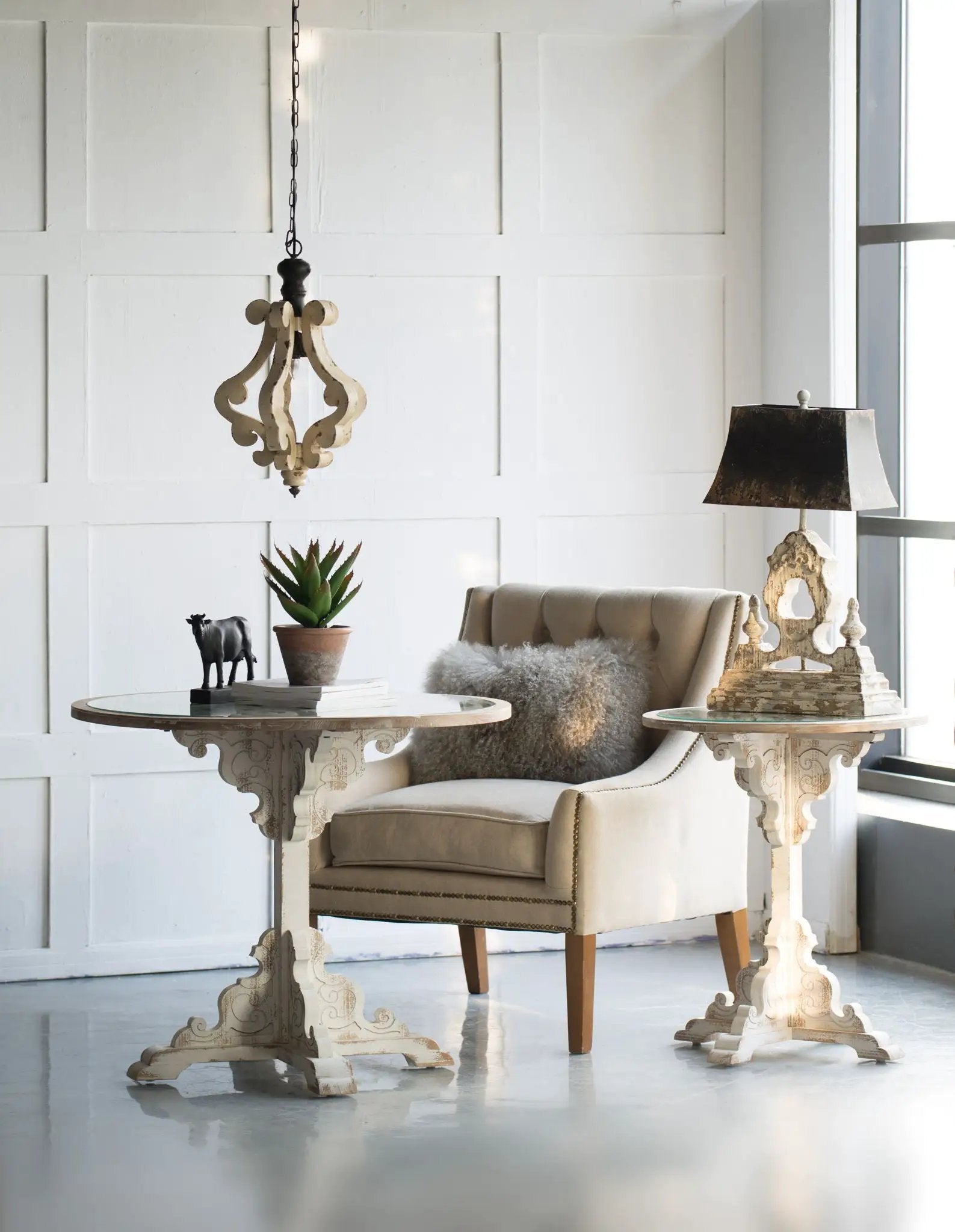 Farmhouse Chandeliar Distressed Pendant French Country Wood Chandelier For Living Room Foyer, Bulb Not Included - Antique Cream by Unique Piece Furniture