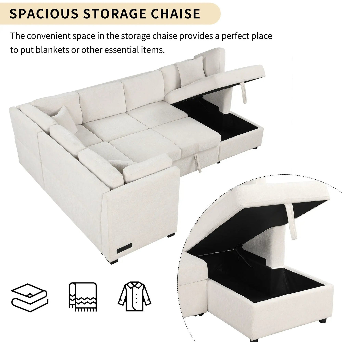 U-Shaped Sectional Sofa Pull Out Sofa Bed With Two USB Ports, Two Power Sockets, Three Back Pillows And A Storage Chaise For Living Room by Unique Piece Furniture