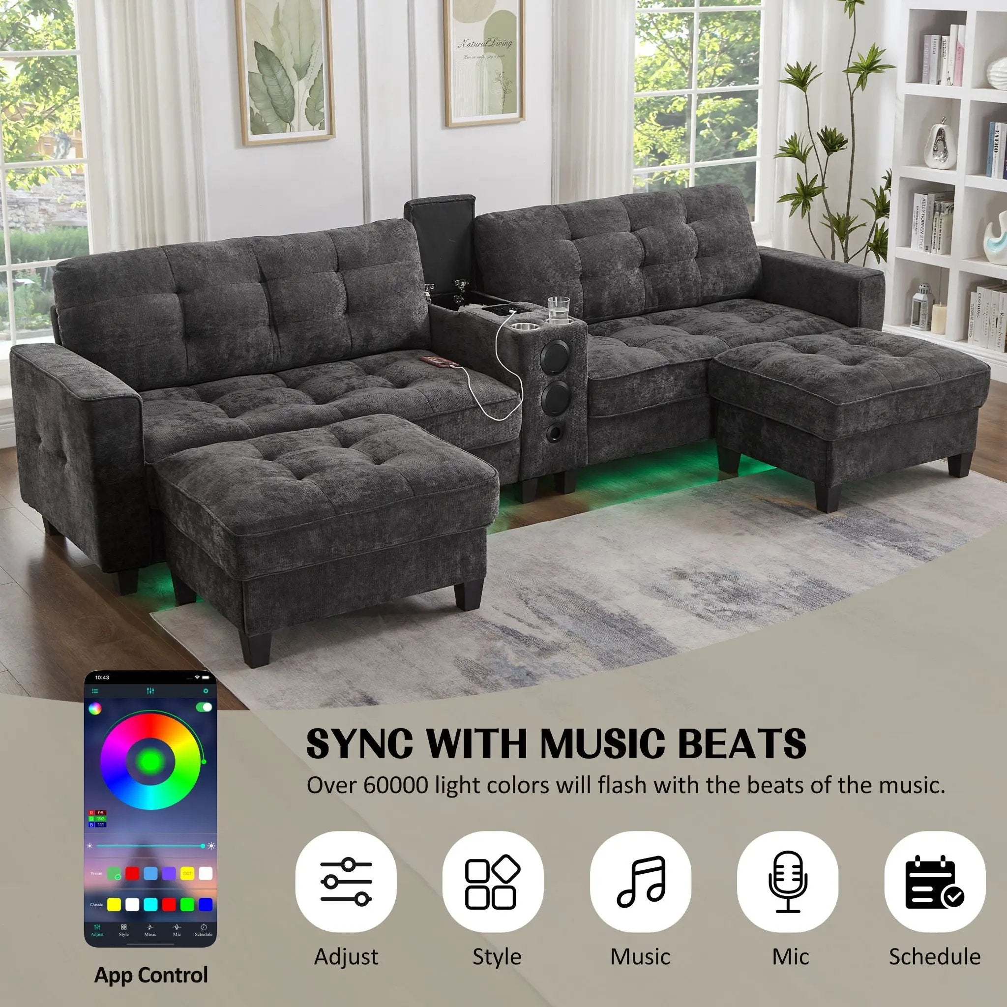Modern Sectional Sofa U-Shaped With Movable Ottomans, tooth Speakers, LED Lights And Modular Storage by Unique Piece Furniture