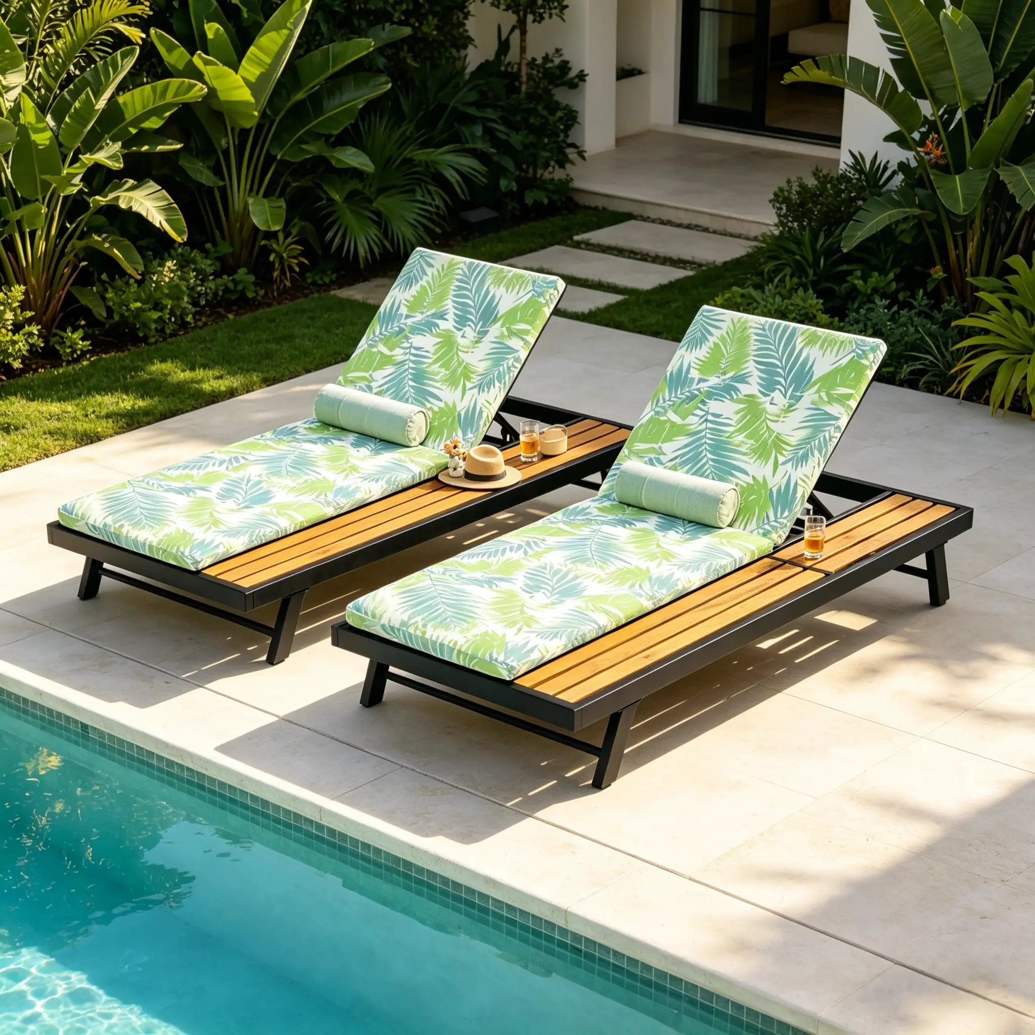 Black Iron + Teak Finish Outdoor Chaise Lounge Set with Leaf Coconut Cushion by HouseOfZazla