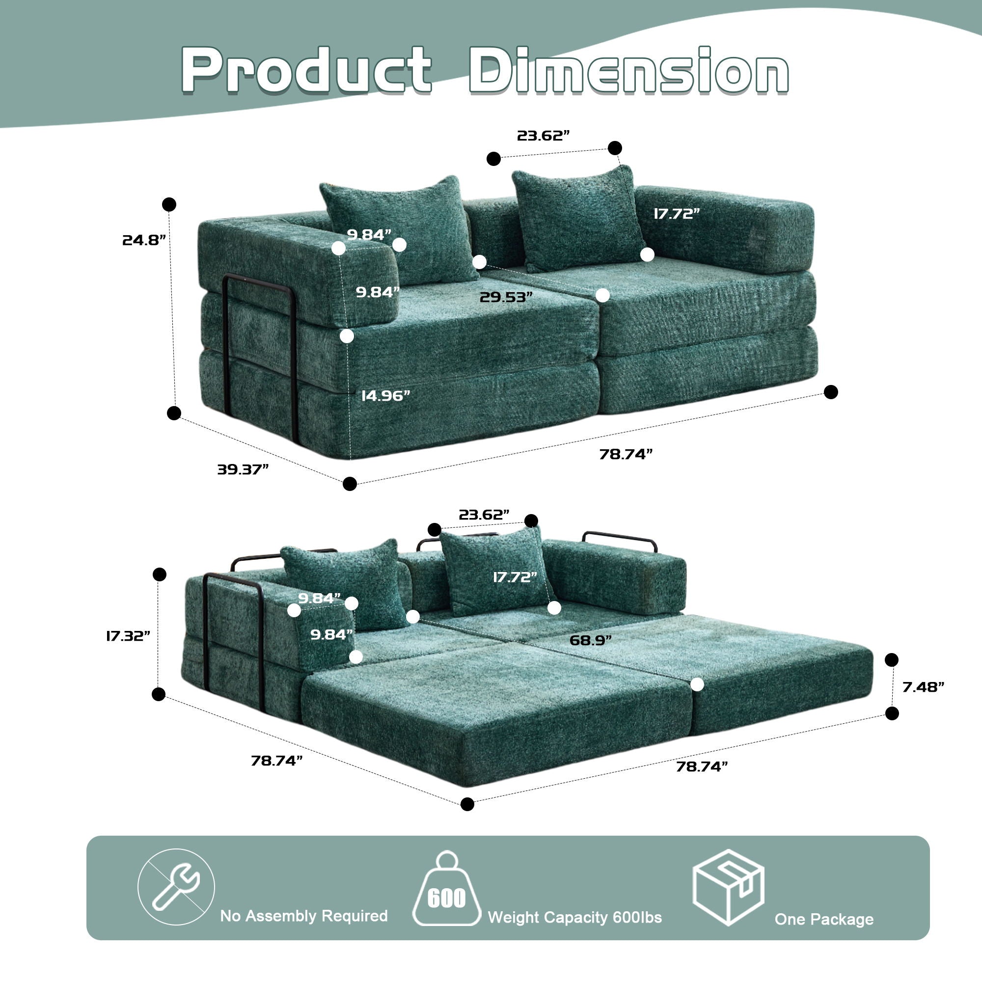 Convertible Floor Sofa Bed With Pillow Back Support Armrest by Unique Piece Furniture