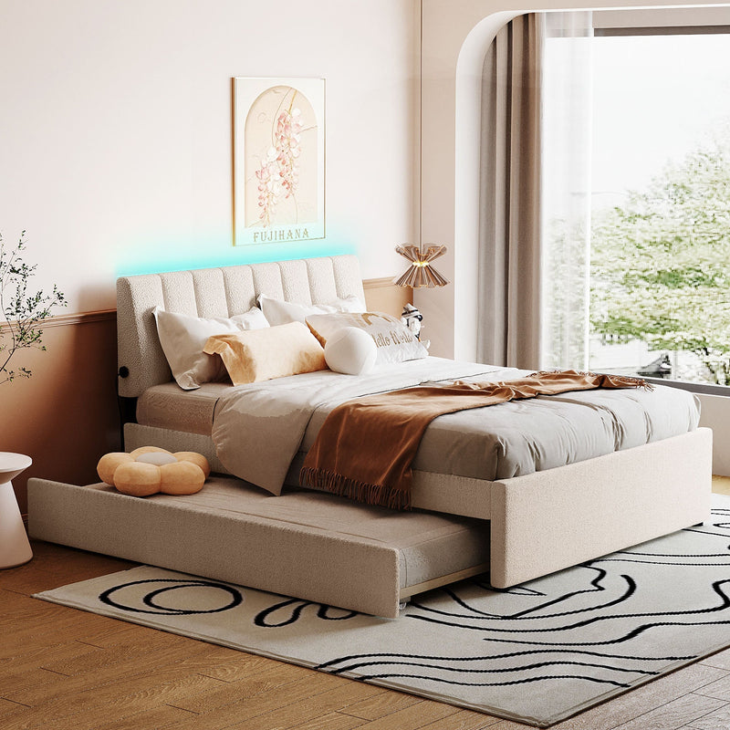 Teddy Fleece Full Size Upholstered Platform Bed with Twin Trundle by HouseOfZazla