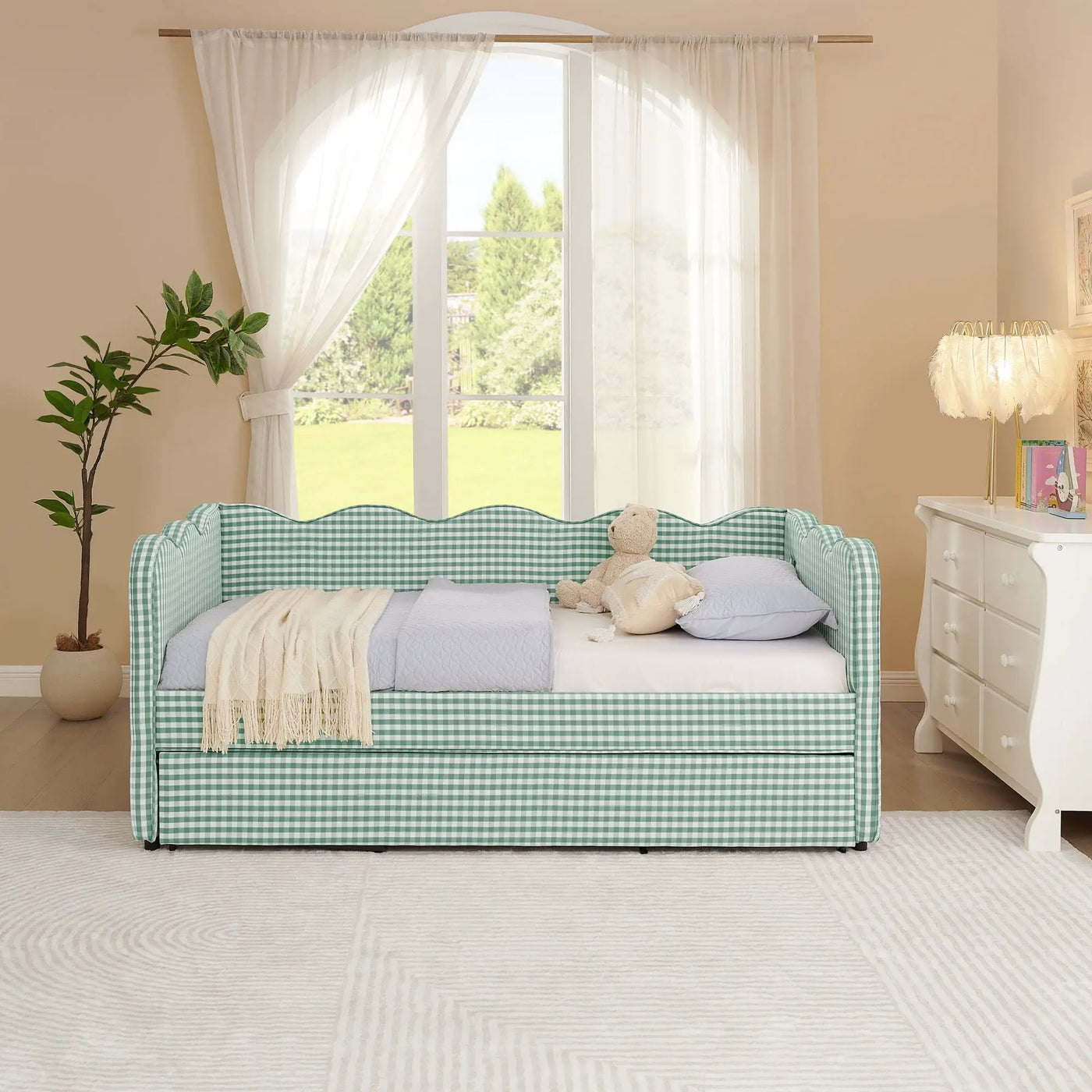 Gingham Daybed With USB Charging Port, Wave Shaped Design by Unique Piece Furniture