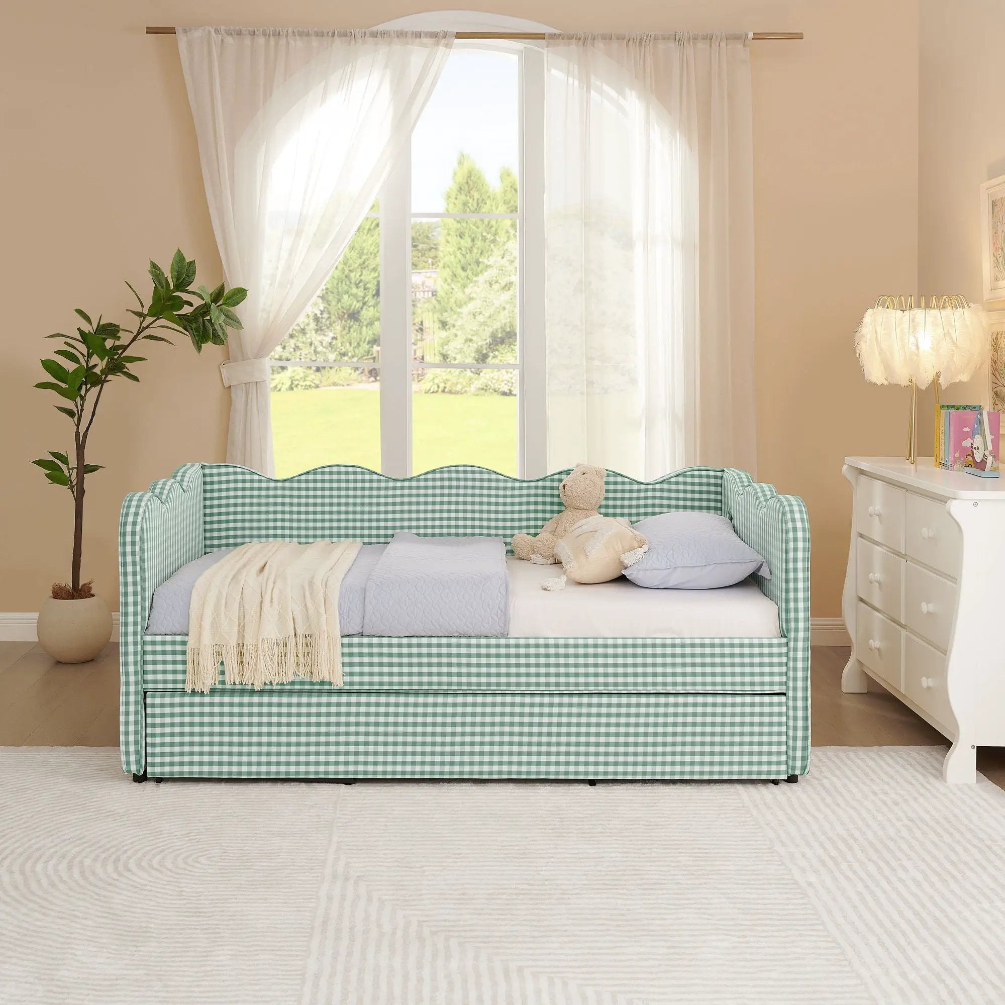 Gingham Daybed With USB Charging Port, Wave Shaped Design by Unique Piece Furniture