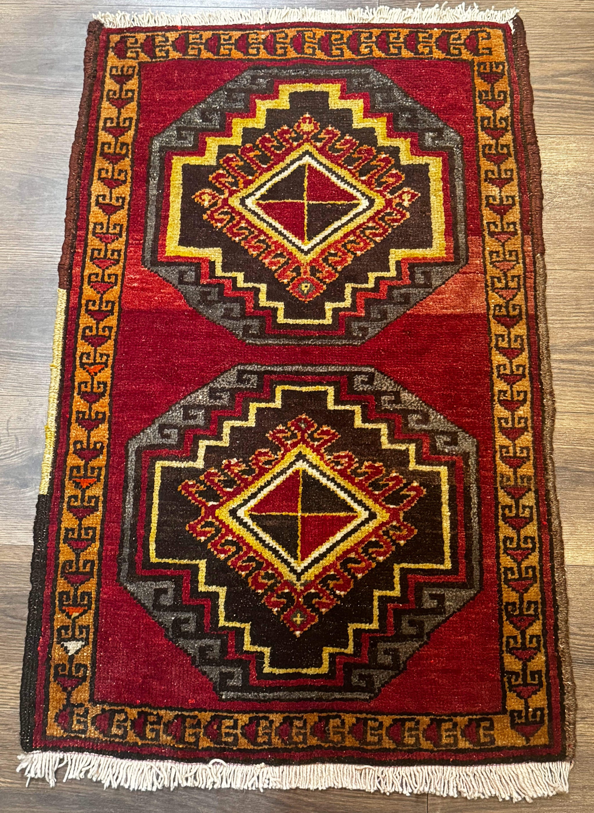 Small Antique Turkish Yastik Rug 2x3, Double Medallions, Geometric, Red, Wool by Jewel Rugs