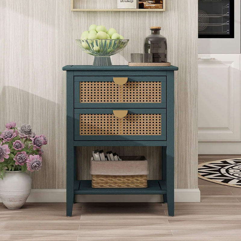 2 Drawer Side Table, Natural Rattan by HouseOfZazla