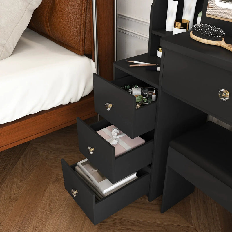 Vanity Desk With 3 LED Lighting Modes, 4 Drawers, Open Shelves, Hair Dryer Holder & Power Socket Dressing Table Set With Chair - Black by HouseOfZazla