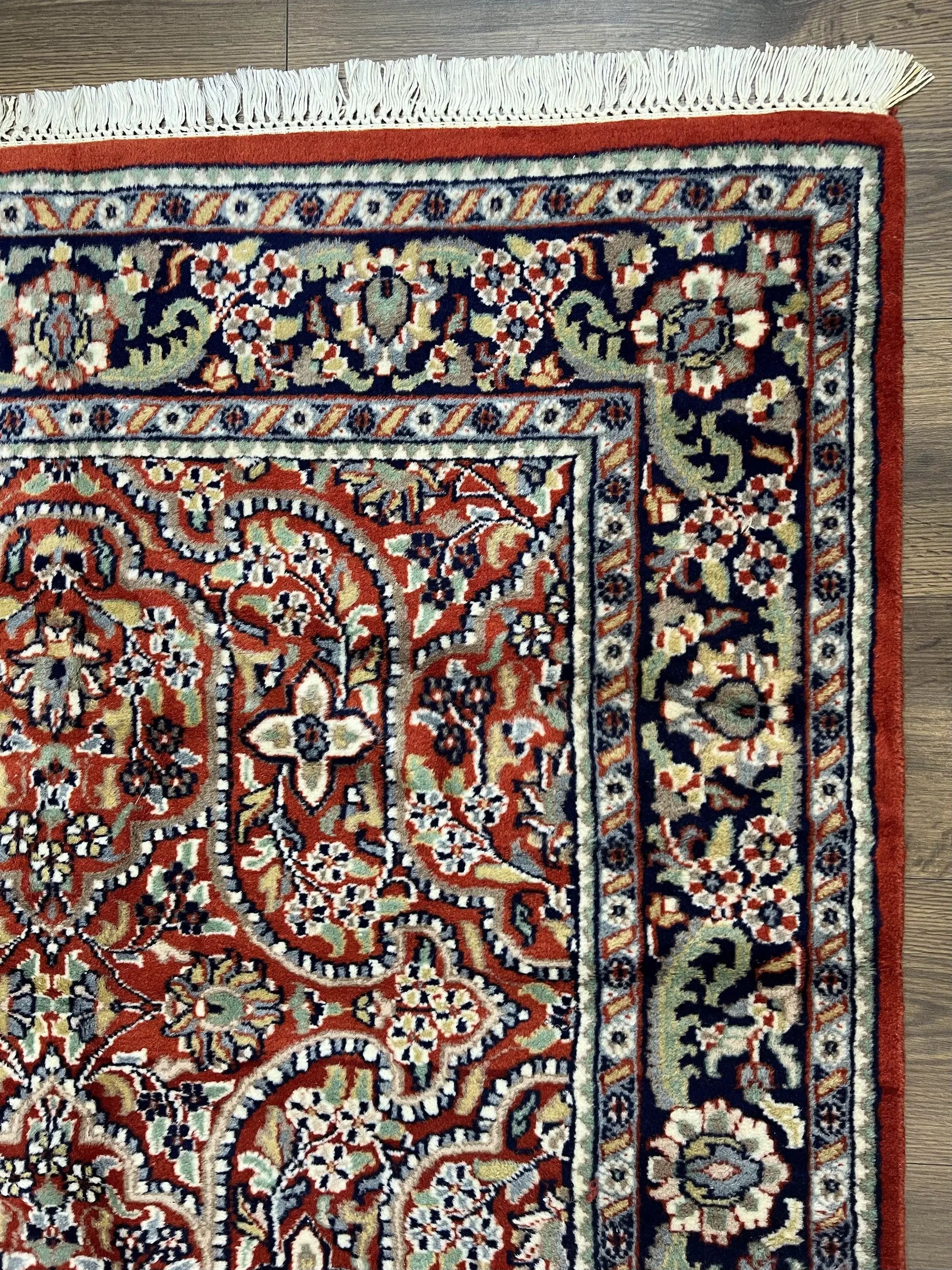 Indo Persian Rug 4x7, Allover Floral Oriental Carpet, Red and Navy Blue, Hand Knotted Indian Kashmiri Traditional Vintage Area Rug 4 x 7 ft by Jewel Rugs