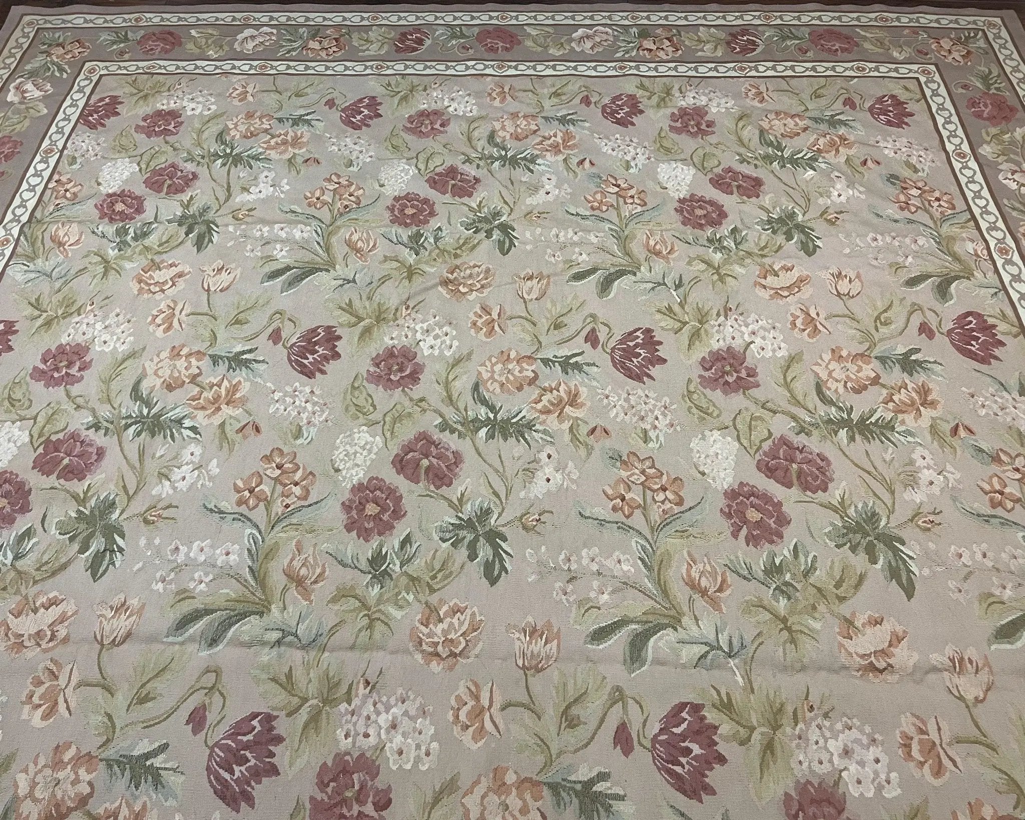 Aubusson Rug 9x12, Pink Beige Light Mauve, Handmade Allover Floral Roses, Wool Flatweave Carpet 9 x 12 ft, European French Design, Elegant by Jewel Rugs