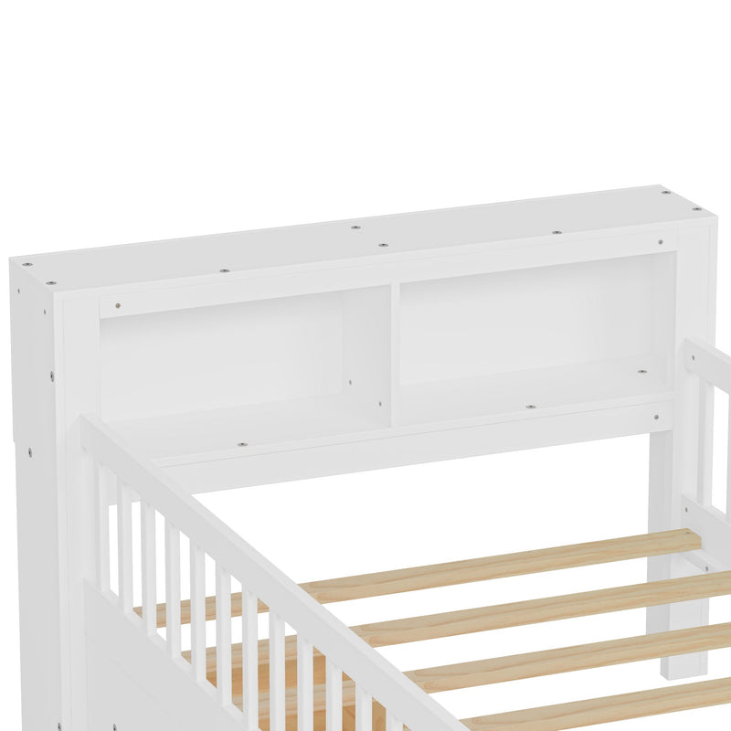 Bed With Headboard Storage Rack, 2 Under Bed Drawers, 3 Side Guardrails For Safety by HouseOfZazla