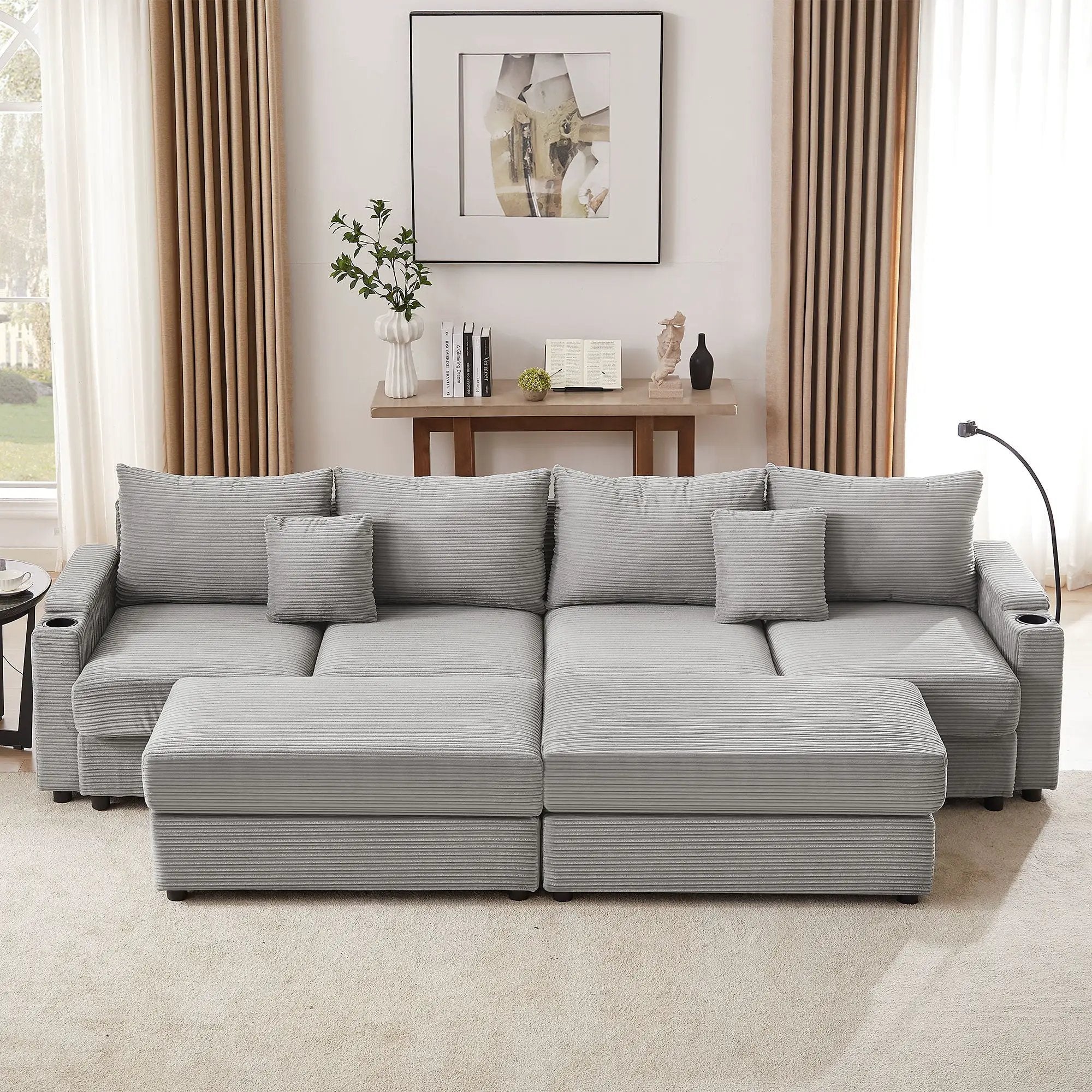 Modern Style Loveseat Sofa Sectional Sofa Couch With Storage Space, A Movable Ottoman, Two USB Ports, Two Cup Holders, A Phone Holder For Living Room by HouseOfZazla