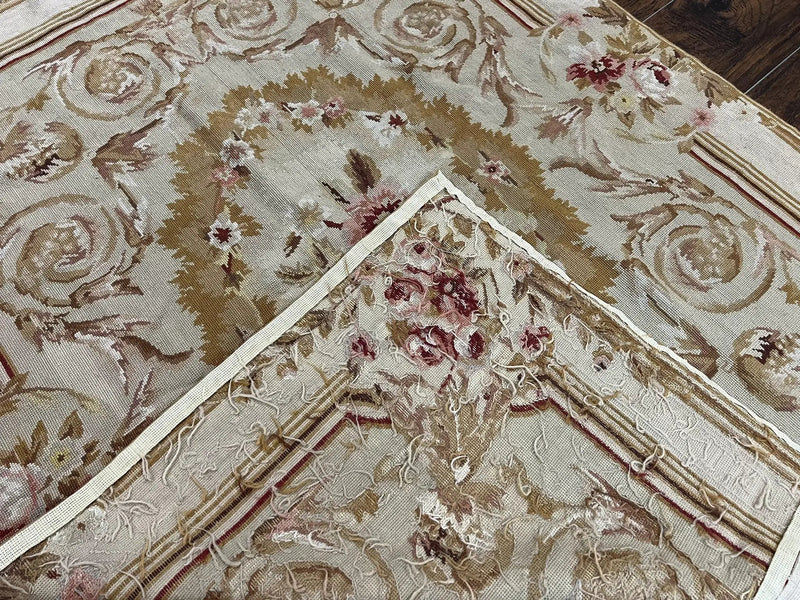 Aubusson Needlepoint Rug 4x5 ft, Beige and Tan, Aubusson Savonnerie Vintage Carpet, Handwoven Handmade Wool Rug, European Design Floral Rose by Jewel Rugs