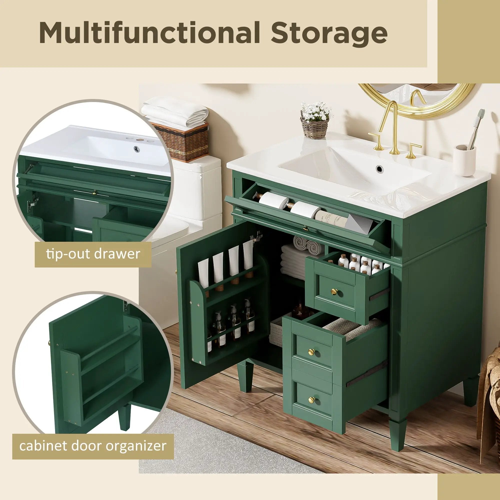 Bathroom Vanity With Top Sink, 2 Drawers & Tip Out Drawer by Unique Piece Furniture