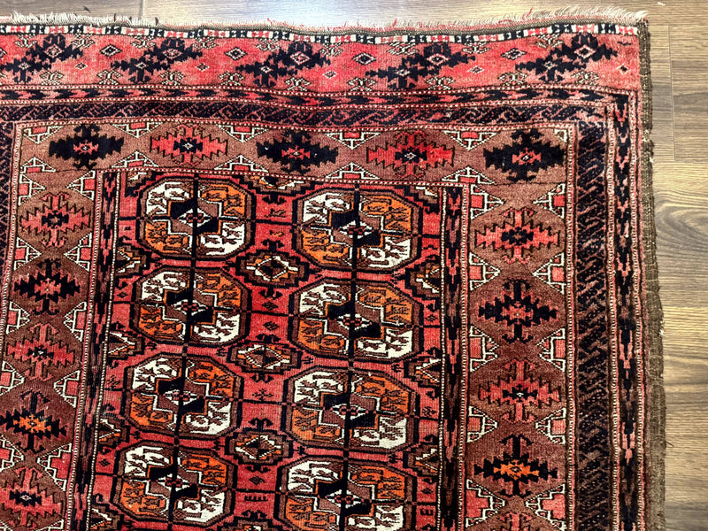 Antique Turkoman Rug 3.7 x 6.7, Red, Wool Runner Rug by Jewel Rugs