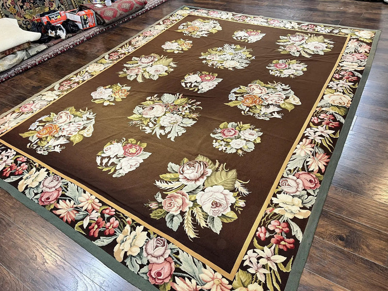 Vintage Needlepoint Rug 9x12, Large Handmade Hand-woven Needlepoint Carpet, Brown Area Rug, Floral Bouquets, Wool Rug, European Design by Jewel Rugs