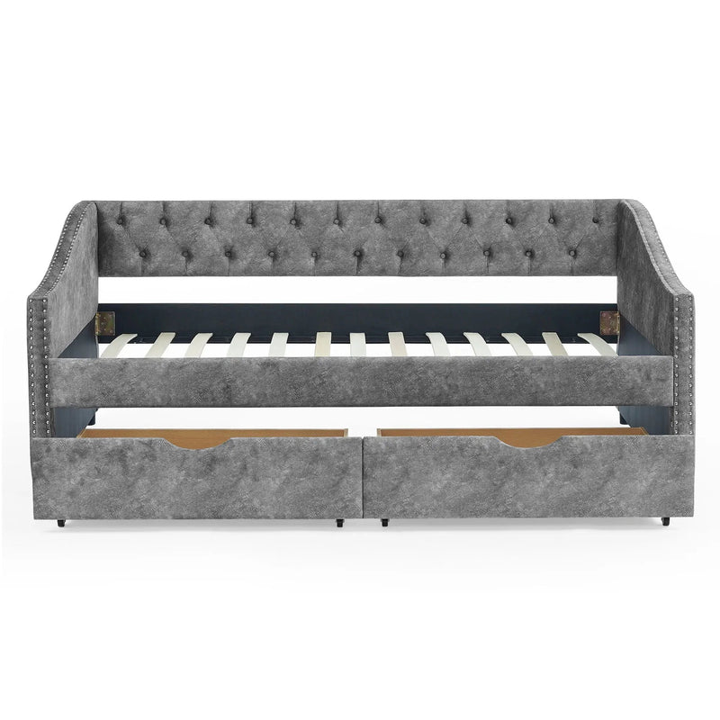 Upholstered Tufted Daybed With 2 Drawers, Waved Arms by Unique Piece Furniture
